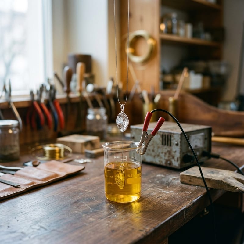 Silberanhänger hängt an einem Draht über einem Becherglas mit gelbem Feingoldelektrolyt