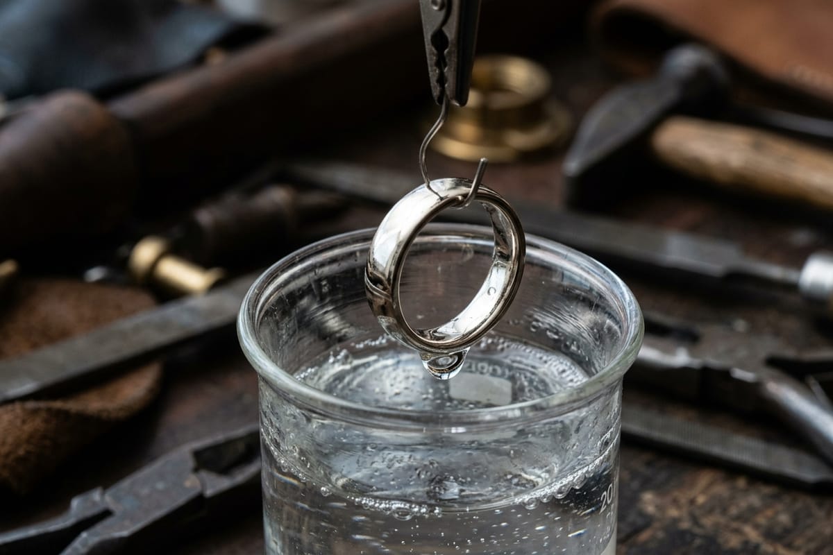 Galvanikplatz mit Glasbechern, Platinanode und Weißgoldring am Titandraht über der Spülschale