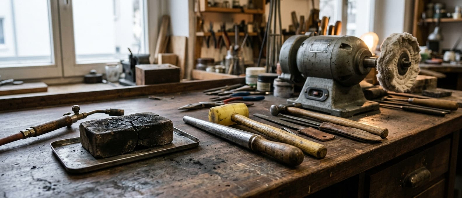Blick über die Werkbank: Kohleblock mit Brenner, Ringstock mit Kunststoffhammer und dahinter der Poliermotor