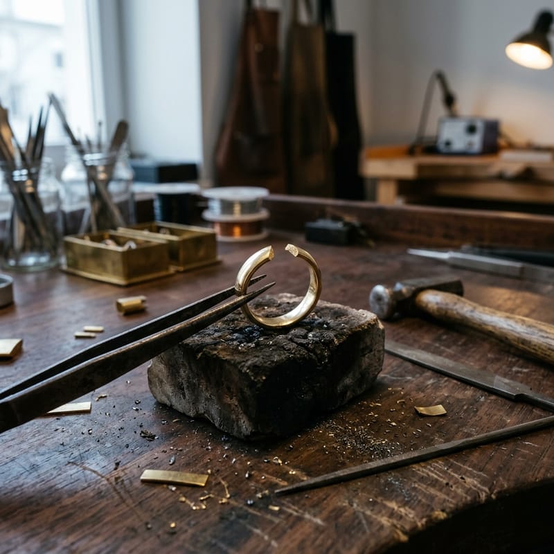 Aufgerissener Goldring in der Kreuzpinzette, die Bruchkanten stehen schräg auseinander