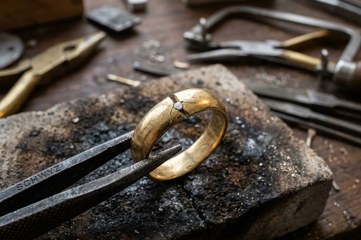 Gesprungene Weißgold-Ringschiene in der Lötpinzette über Kohleblock, daneben Borax und Brenner