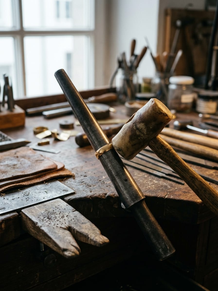 Glatter Goldring auf dem konischen Ringstock, der Rohhauthammer liegt zum Schlag angesetzt daneben