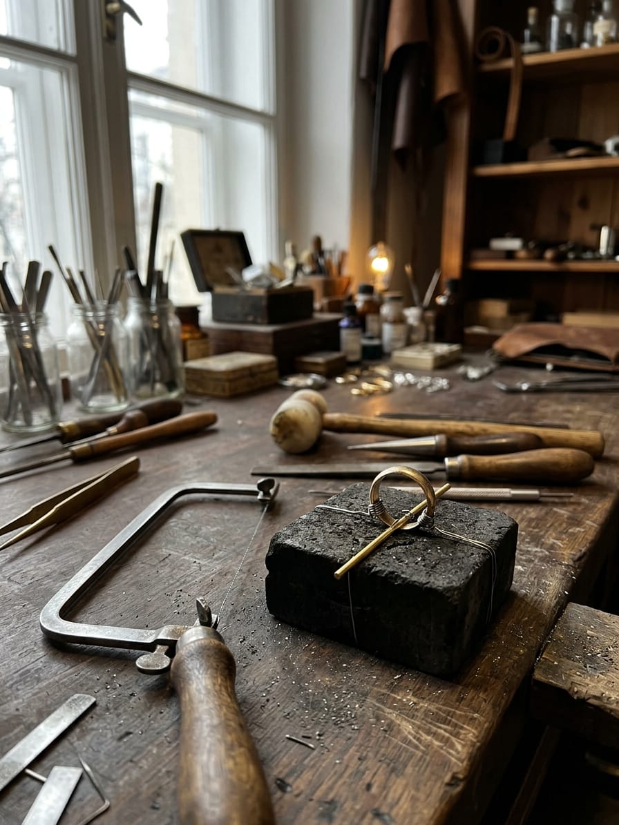 Unten aufgesägte Ringschiene mit eingepasstem Goldstück und Bindedraht auf dem Kohleblock
