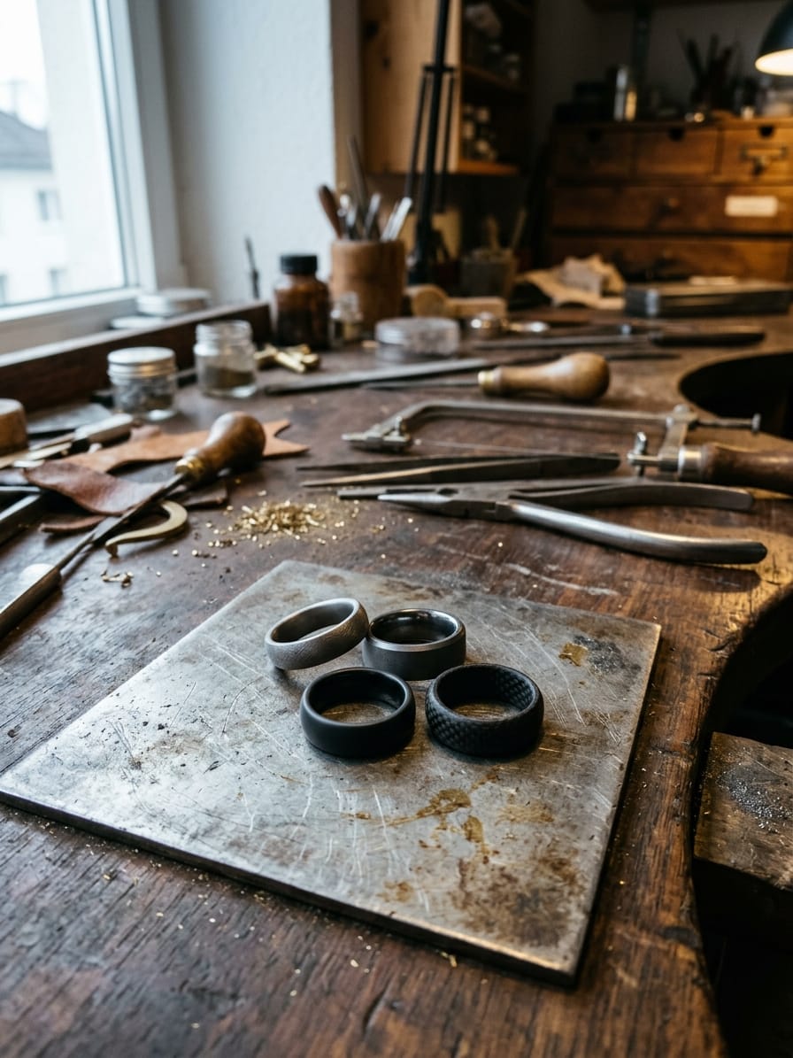 Vier matte Ringe aus Titan, Wolframcarbid, Keramik und Carbon liegen auf einer Stahlplatte der Werkbank