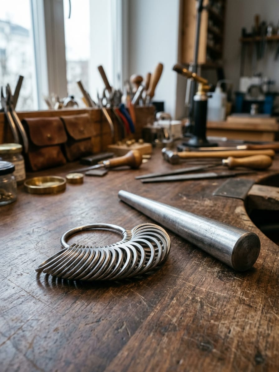 Aufgefächertes Ringmaßset an seinem Bügel neben dem Messkonus auf dem Ladentisch