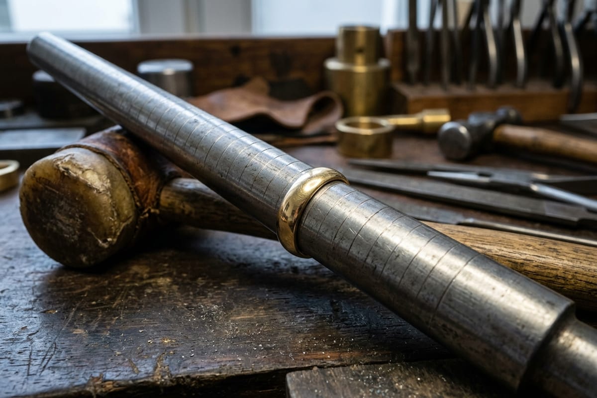 Gelbgoldring auf einem Ringstock aus Stahl, daneben Rohhauthammer und Ringmaßset