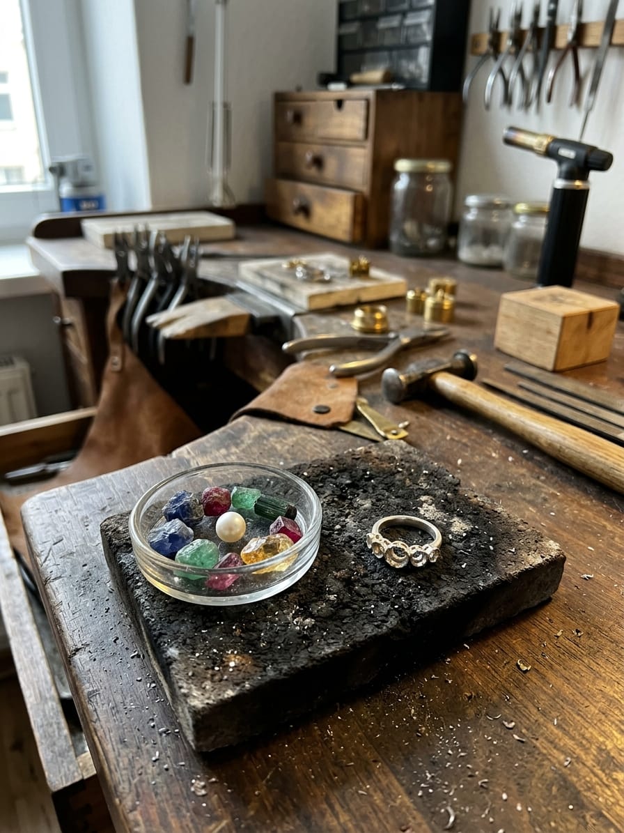 Glasschälchen mit ausgefassten Farbsteinen neben einem Ring mit leeren Fassungen auf dem Kohleblock