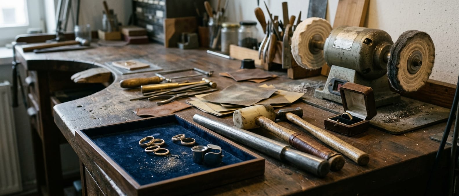 Werkbank der Länge nach: Ansichtstablett, Ringstock mit Kunststoffhammer, Schleifpapier, Poliermotor und ein offenes Etui
