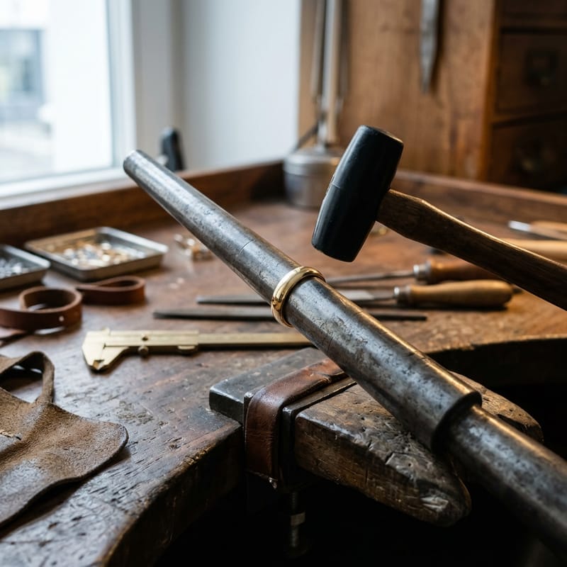 Trauring auf dem Ringstock, der Kunststoffhammer setzt zum Rundtreiben an