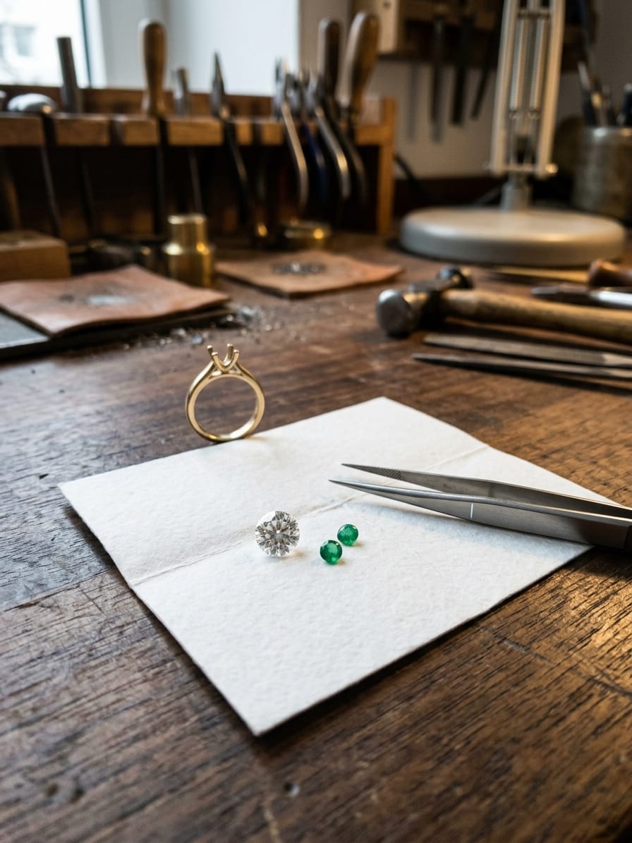 Ausgefasster Brillant und zwei kleine Farbsteine auf aufgefaltetem Steinpapier, daneben eine Steinpinzette und ein Ring mit leerer Krappenfassung