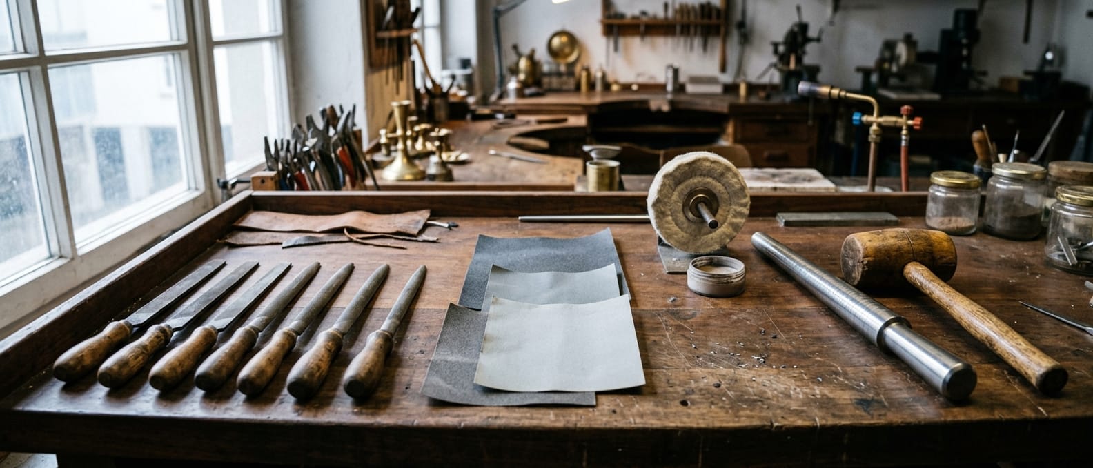 Werkbankausschnitt mit einer Reihe Feilen, drei Bögen Schleifpapier in verschiedenen Körnungen, einer Polierscheibe und einem Ringstock mit Holzhammer