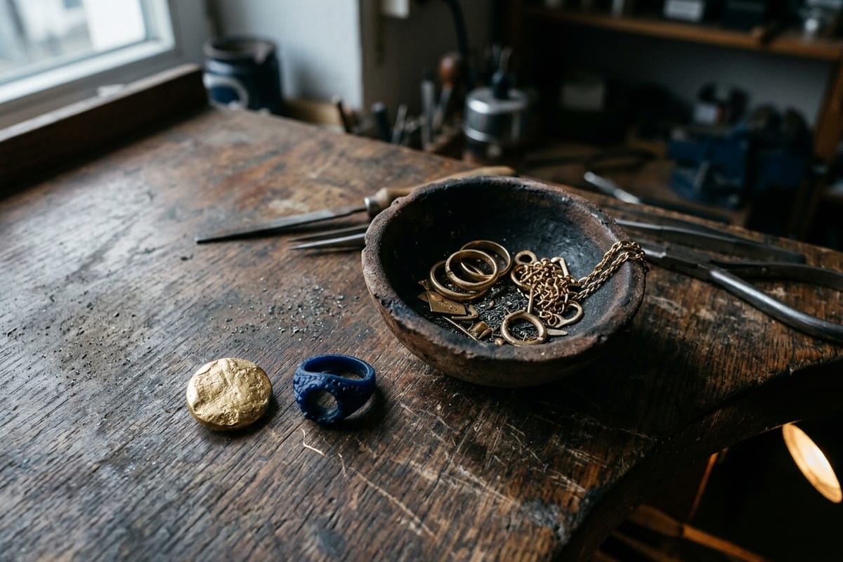 Verbogene Altgoldringe im Tiegel neben frisch gegossenem Goldknopf und blauem Wachsmodell