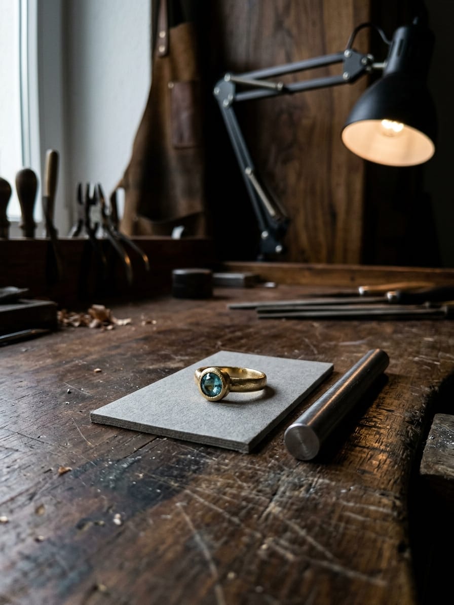 Ring mit Stein auf neutralgrauem Karton unter einer Arbeitsleuchte, daneben ein blanker Metallstab als Größenvergleich
