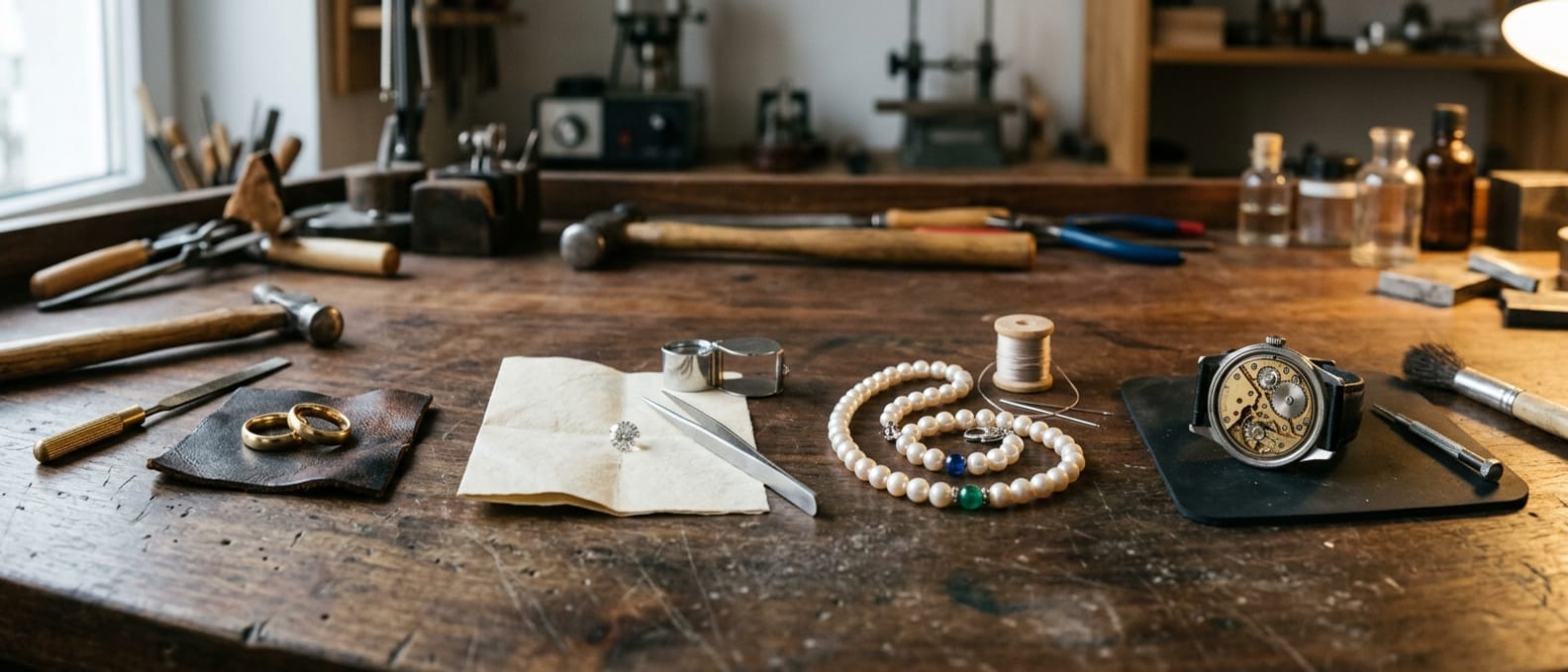 Vier Gruppen nebeneinander auf der Werkbank: zwei Goldringe, ein loser Brillant auf Steinpapier, ein Perlenstrang mit Farbsteinen und eine mechanische Armbanduhr mit geöffnetem Gehäuseboden