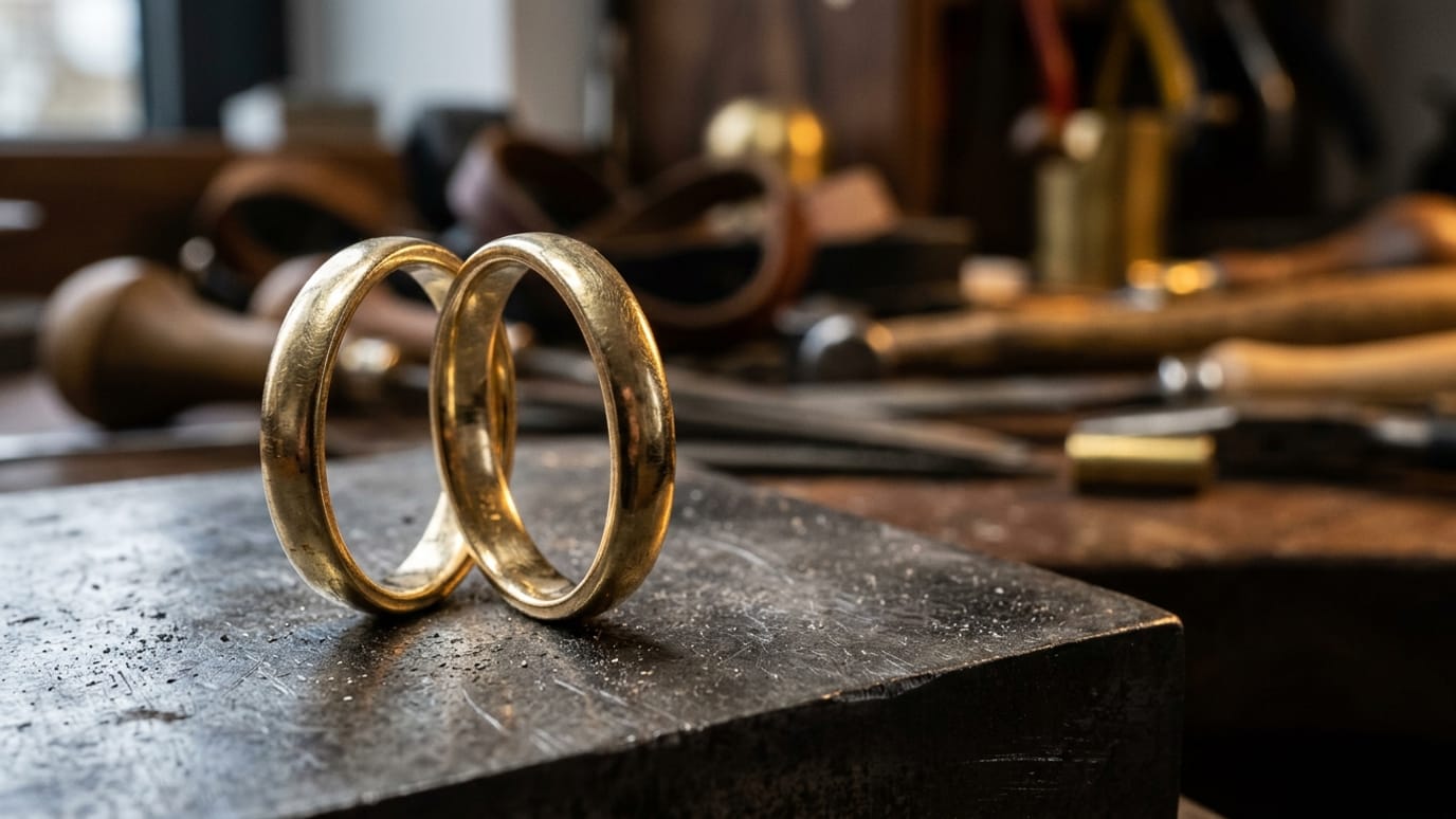 Aufsicht auf die Werkbank: drei unfertige Ringe auf dem Ringriegel, daneben Sägebogen, Feilen und Bruchgold.