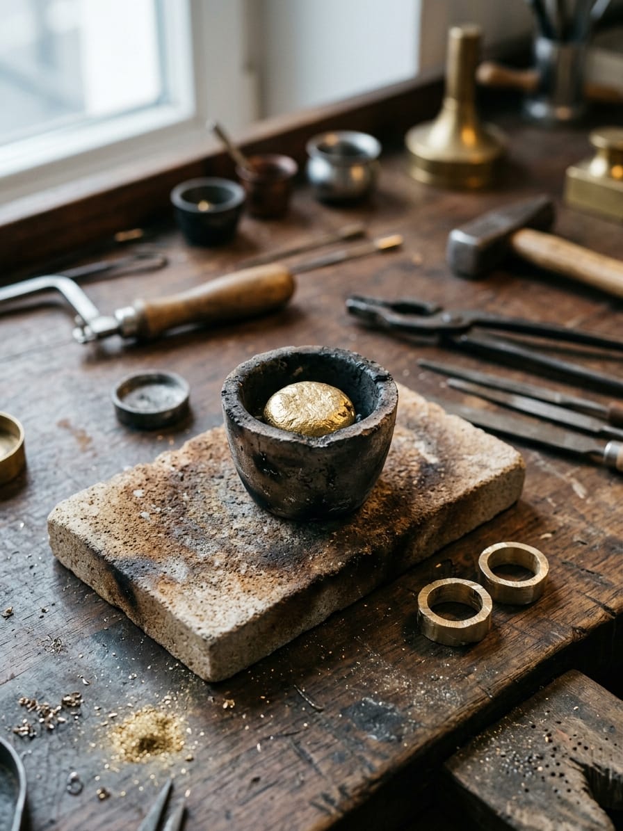 Kleiner Graphittiegel auf einem Schamottstein mit einer erstarrten Goldkugel darin, daneben zwei roh gesägte Ringschienen