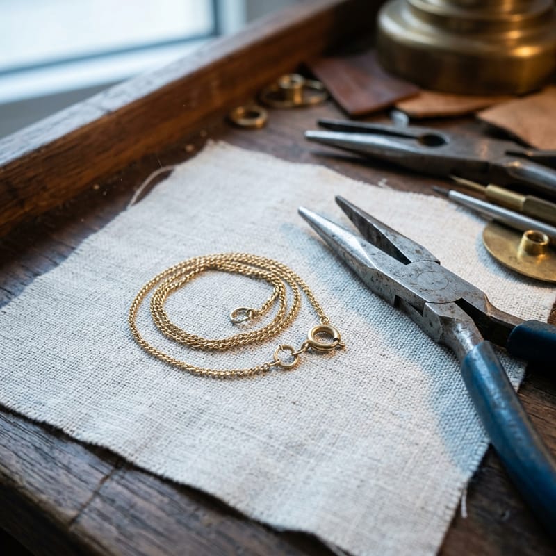 Eine feine Goldkette liegt auf hellem Leinen, ihr Federring ist aufgebrochen, daneben eine Flachzange