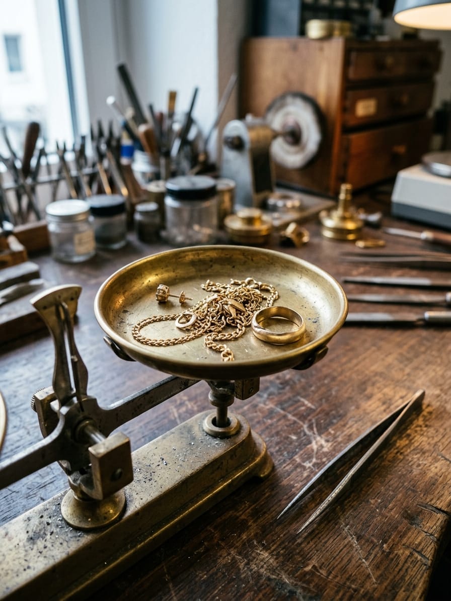 Auf der Schale einer feinen Tischwaage liegen gerissene Goldketten, ein einzelner Ohrring und ein verbogener Ring, daneben eine Pinzette