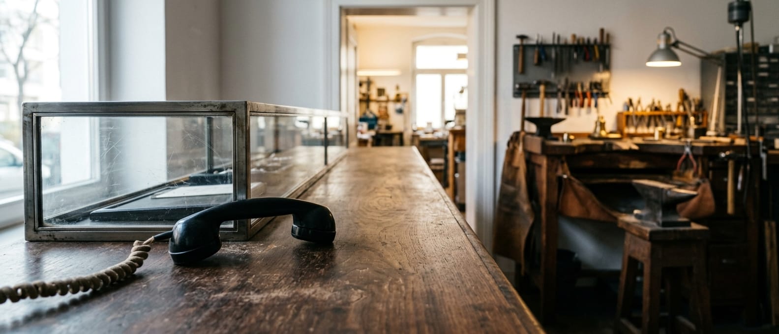 Blick über den Ladentresen: vorn liegt ein Telefonhörer neben der Vitrinenkante, am Ende des Raums steht die Tür zur beleuchteten Werkstatt offen.
