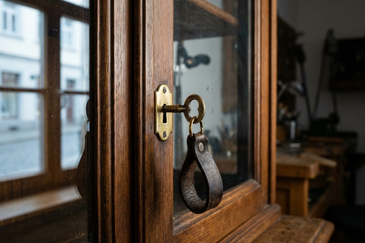 Kleines Messingschloss der Holzvitrine mit Schlüssel am Lederanhänger, Fenster spiegelt sich im Glas.