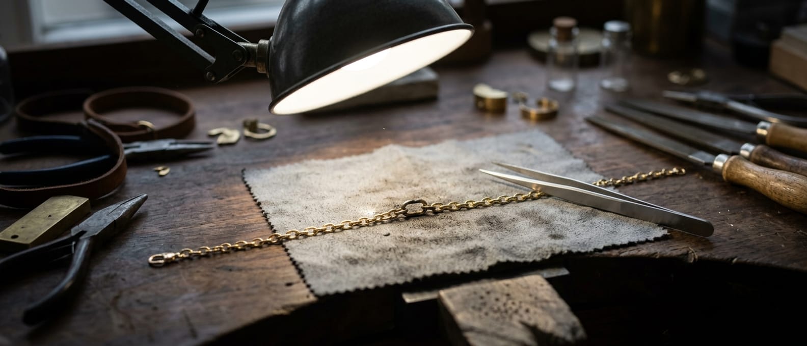 Feine Goldkette auf grauem Tuch im Lichtkegel einer Arbeitsleuchte, das frisch gelötete Glied liegt scharf in der Bildmitte.