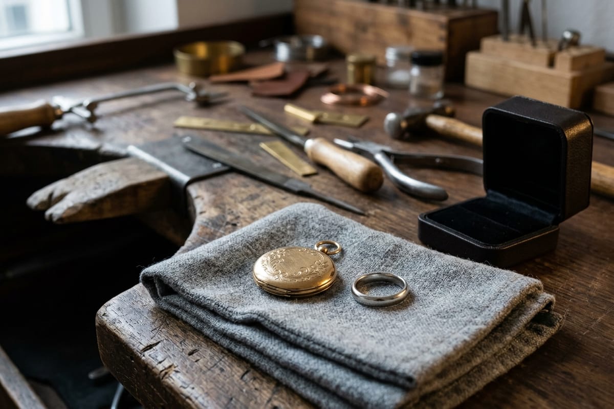 Fertige Arbeiten auf grauem Tuch: restauriertes Goldmedaillon, schmaler Platinring, offenes Ringetui.