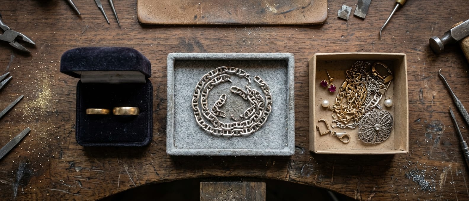 Ladentresen von oben: links ein aufgeschlagenes Ringkissen mit zwei Musterringen, in der Mitte ein Filztablett mit gerissener Ankerkette, rechts ein offener Karton mit gemischtem Schmuck.