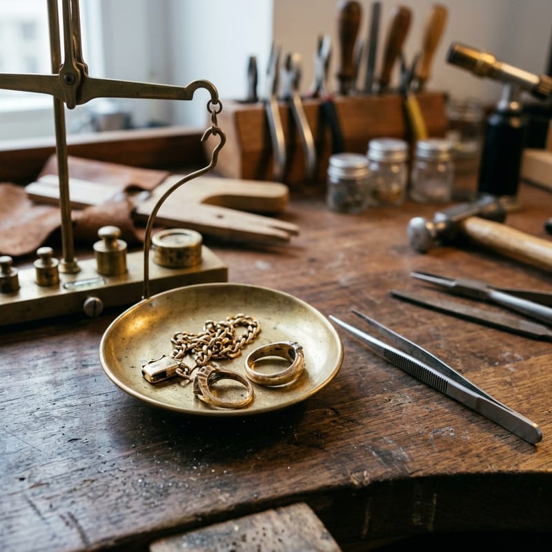 Bruchgoldstücke in der Schale einer Tischwaage, daneben eine Pinzette auf dunklem Holz