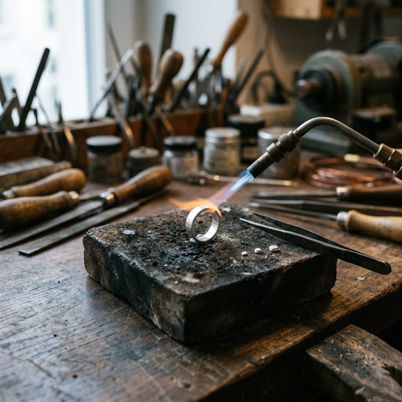 Ring auf dem Kohleblock unter der Lötflamme, daneben abgestufte Lotplättchen und die Lötpinzette