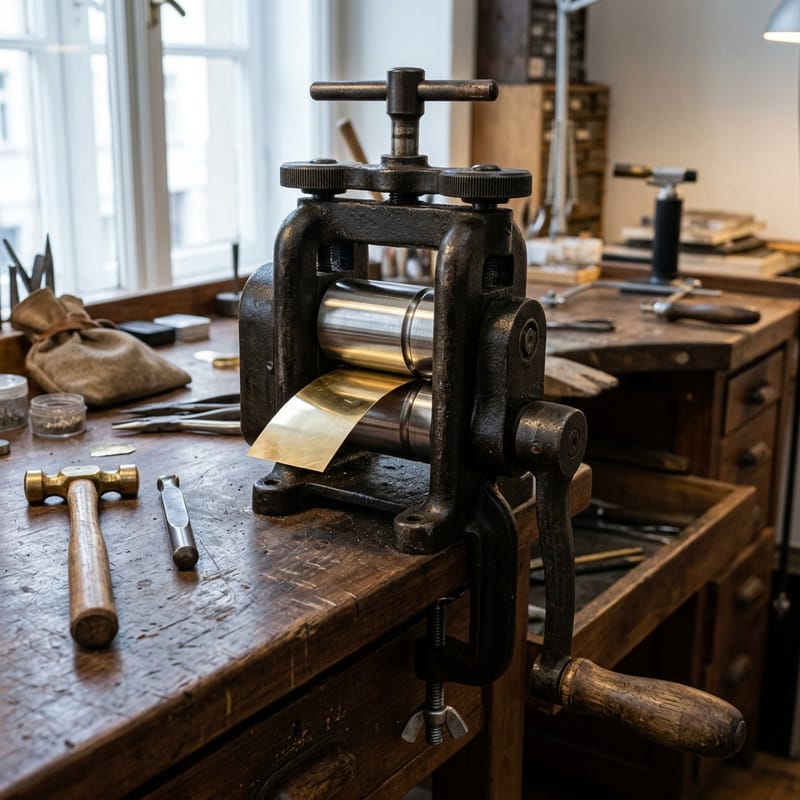 Handwalzwerk mit Kurbel, ein Goldblechstreifen liegt zwischen den Walzen