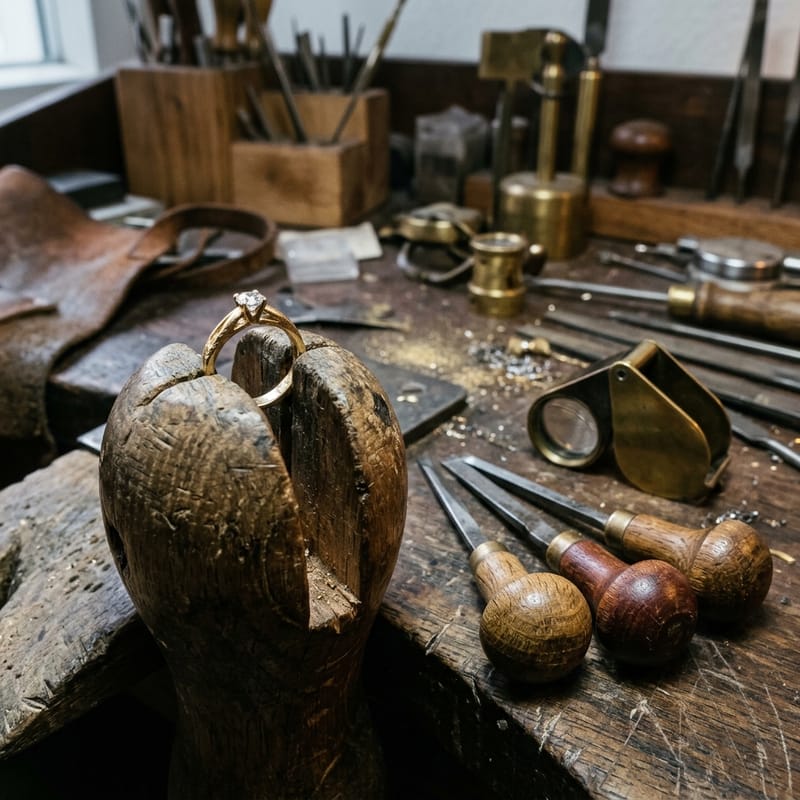 Ring in der Fasskugel eingespannt, daneben mehrere Stichel und eine Lupe