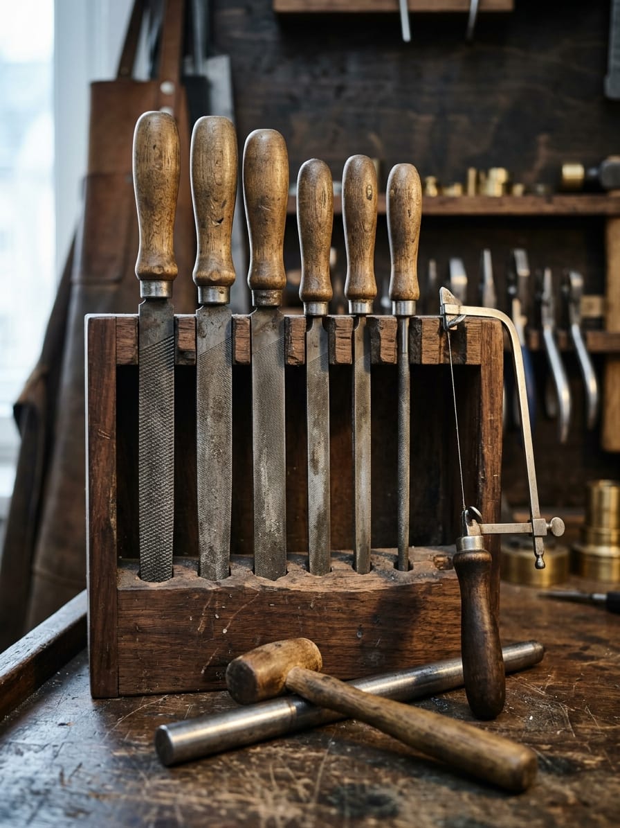 Feilen unterschiedlicher Hiebe in einem Holzhalter, davor Sägebogen und Ringstock mit Holzhammer