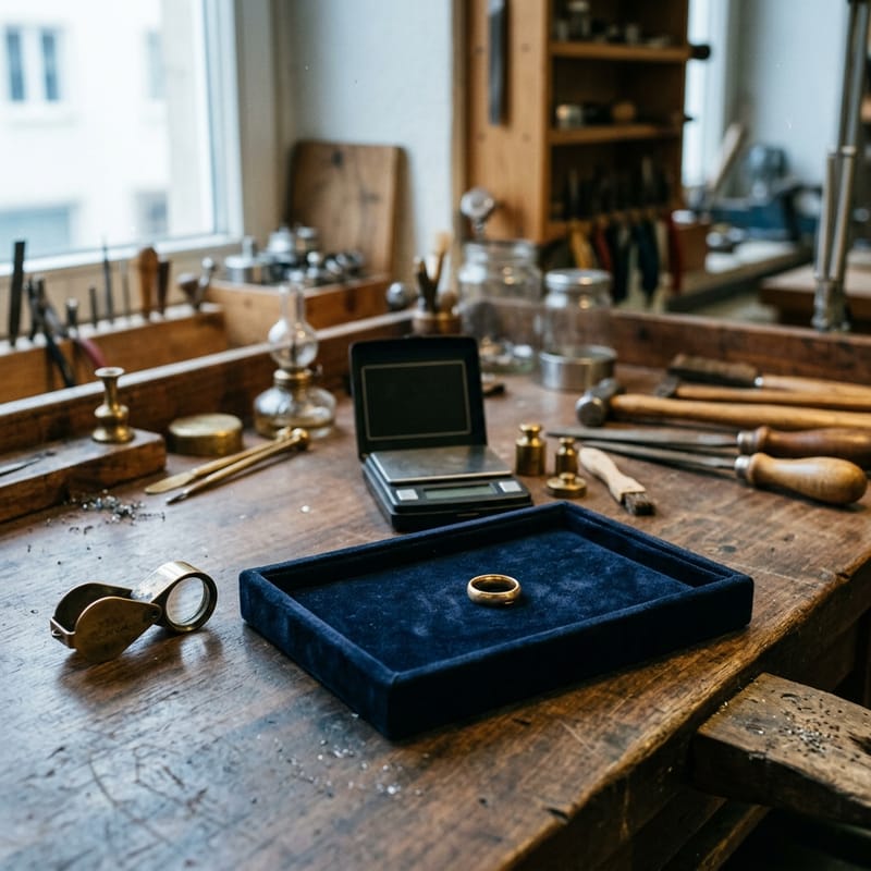 Samttablett mit einem Goldring auf der Ladentheke, daneben eine Lupe und eine Feinwaage