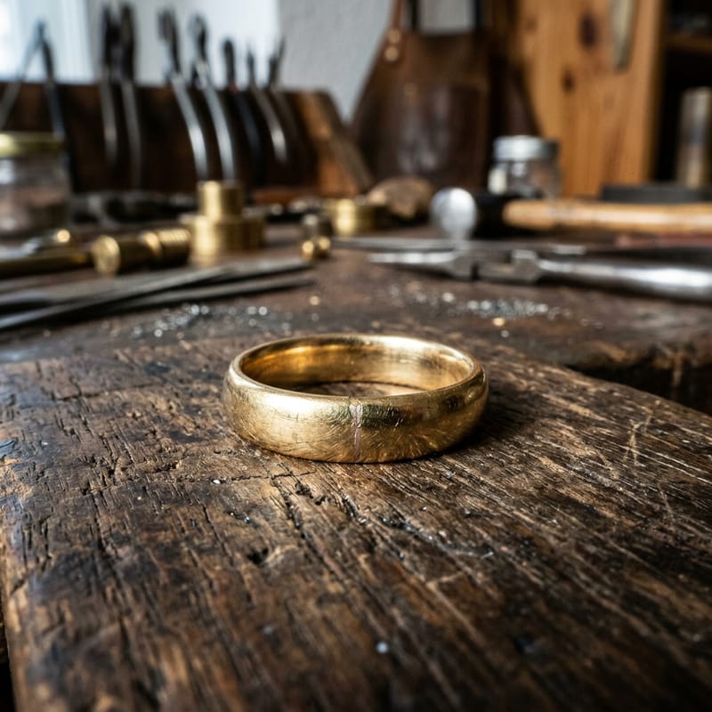 Goldring mit dünn gelaufener Schiene und einer älteren Lötnaht, im Streiflicht auf der Werkbank.