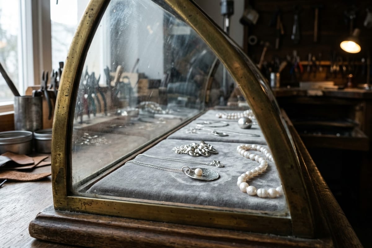 Blick entlang der Vitrine im Tageslicht: Silberanhänger und Perlenketten auf grauem Samt.