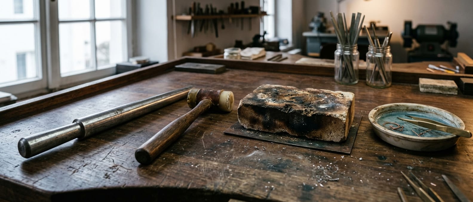Werkbank mit konischem Stahlriegel, Kunststoffhammer, Schamottstein zum Löten und Beizschale nebeneinander.