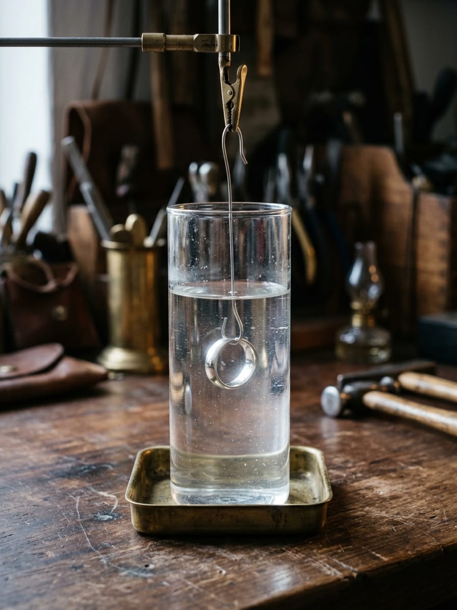 Weißgoldring an einer Klammer über einem Becherglas mit klarer Elektrolytlösung.