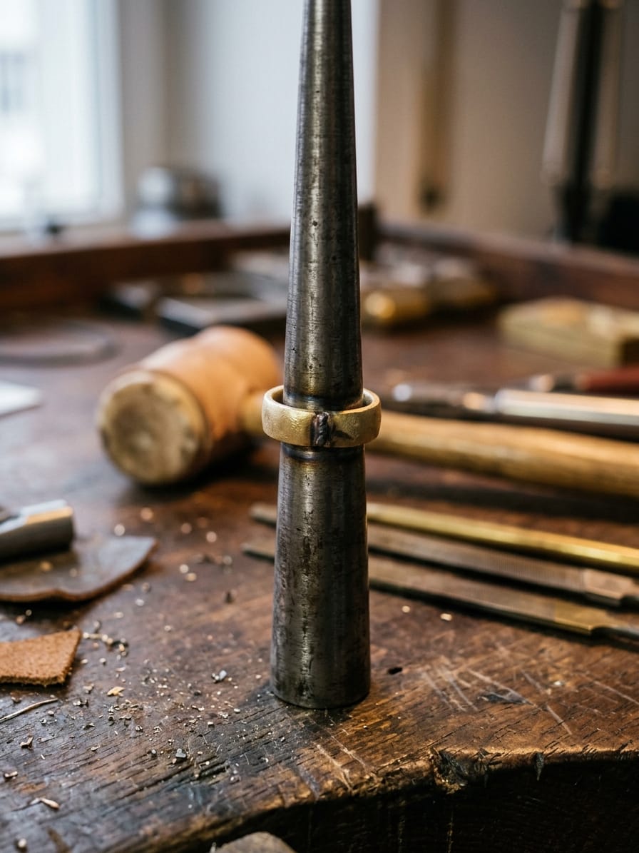 Ring auf dem konischen Stahlriegel, ein Kunststoffhammer liegt zum Rundrichten daneben.