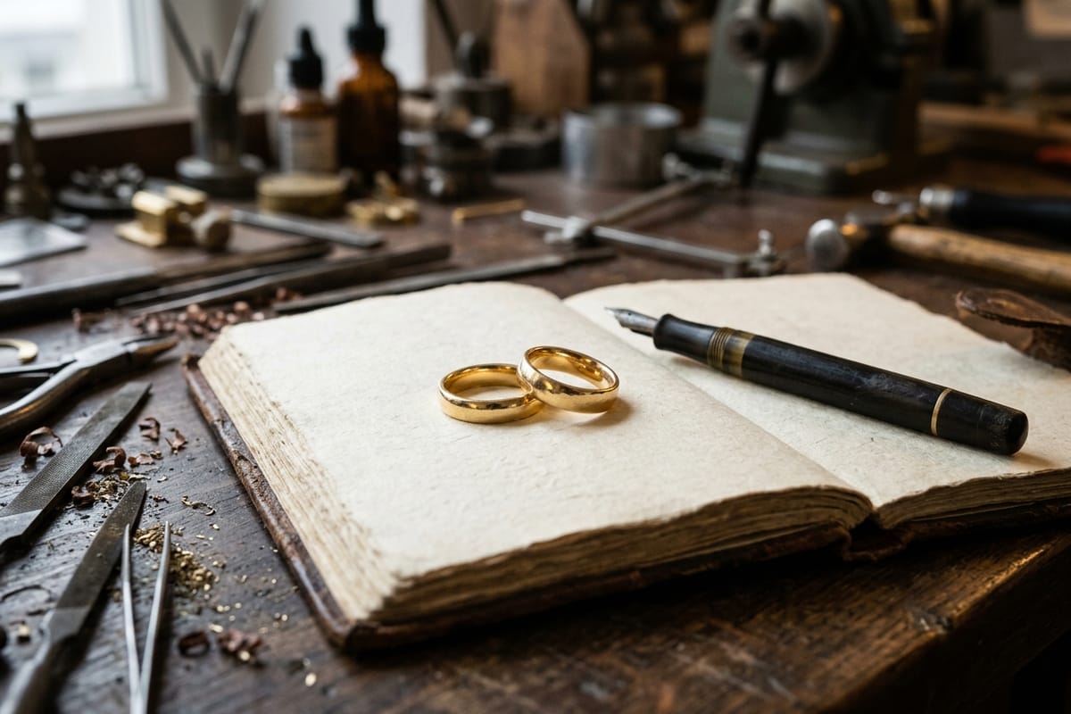 Zwei Ringrohlinge aus Platin und Rotgold stecken auf einem Stahl-Ringriegel am Werkbankstift.