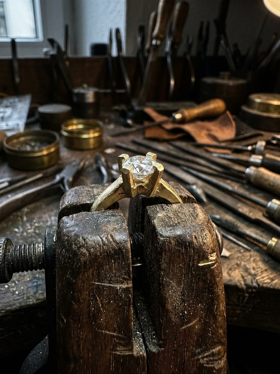 Makro einer Krappenfassung an einem Goldring in der Holzklemme, die vier Krappen stehen deutlich über den Stein hinaus.