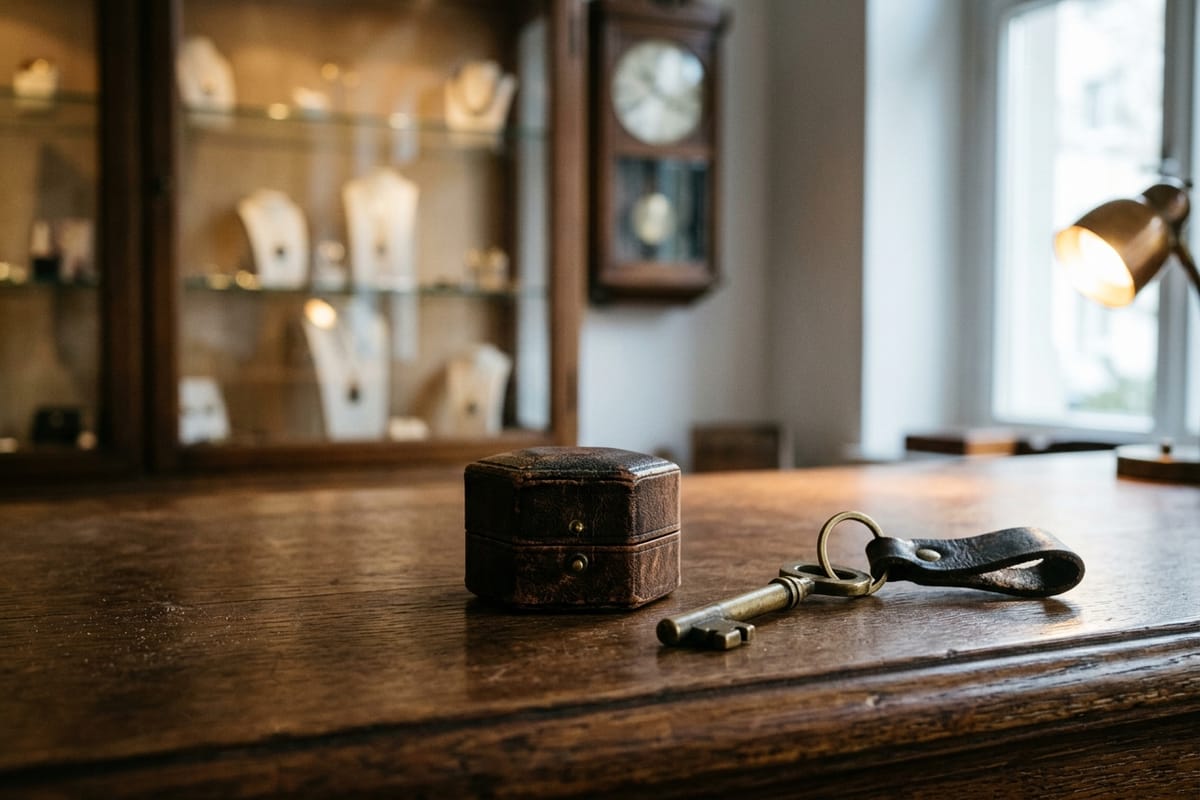 Geschlossene Ringschatulle aus Leder neben Messingschluessel auf dem Ladentisch, Vitrine im Hintergrund