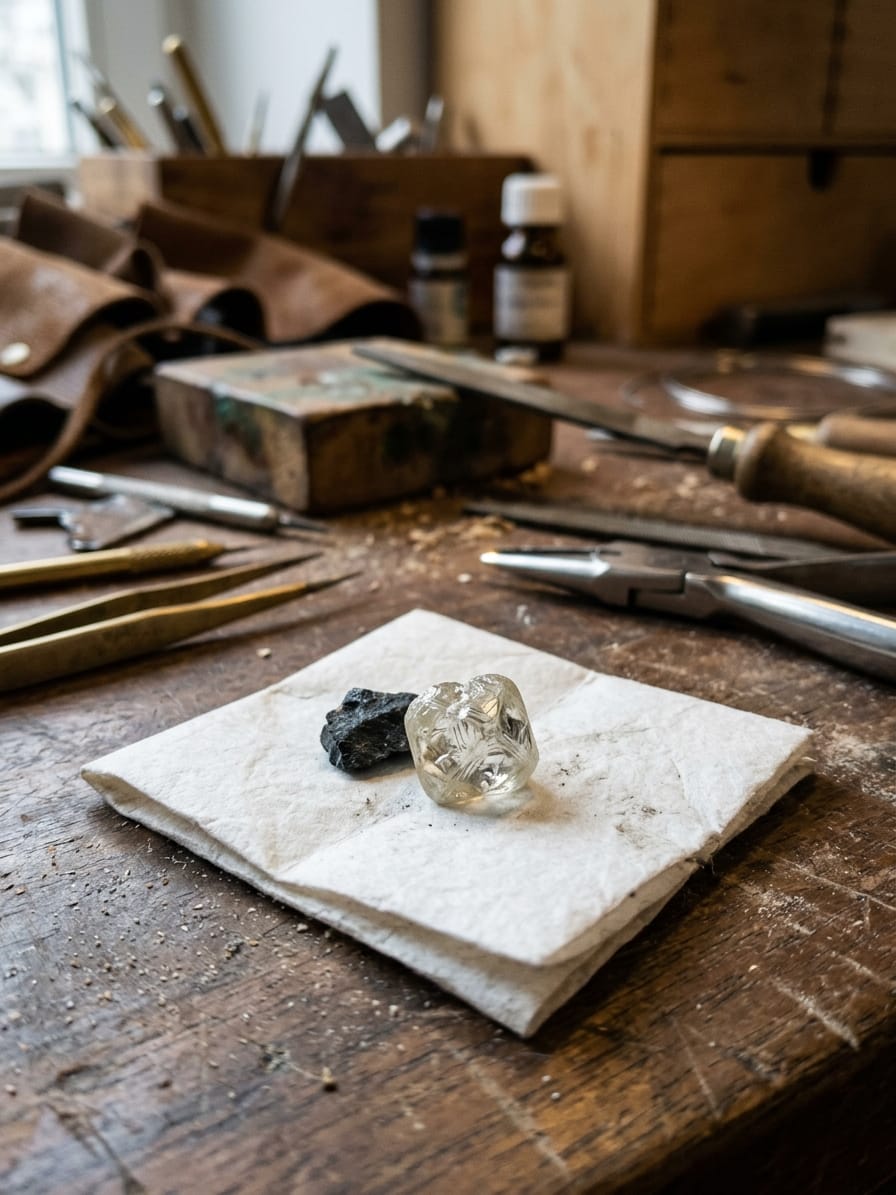 Ungeschliffener Diamantkristall und ein Splitter dunklen Kimberlitgesteins auf gefaltetem weißem Steinpapier auf der Werkbank.