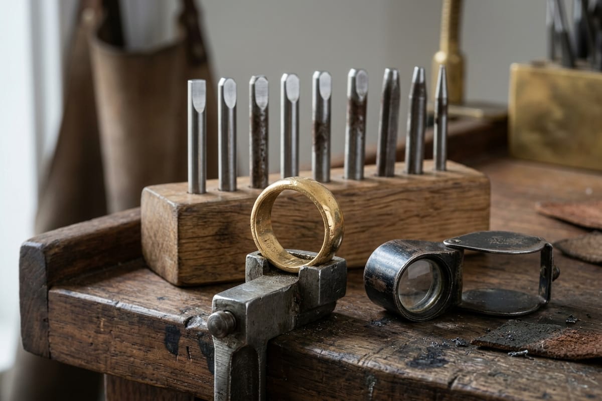 Makro eines Goldrings in der Klemme mit Lupe und Reihe blanker Stahlpunzen