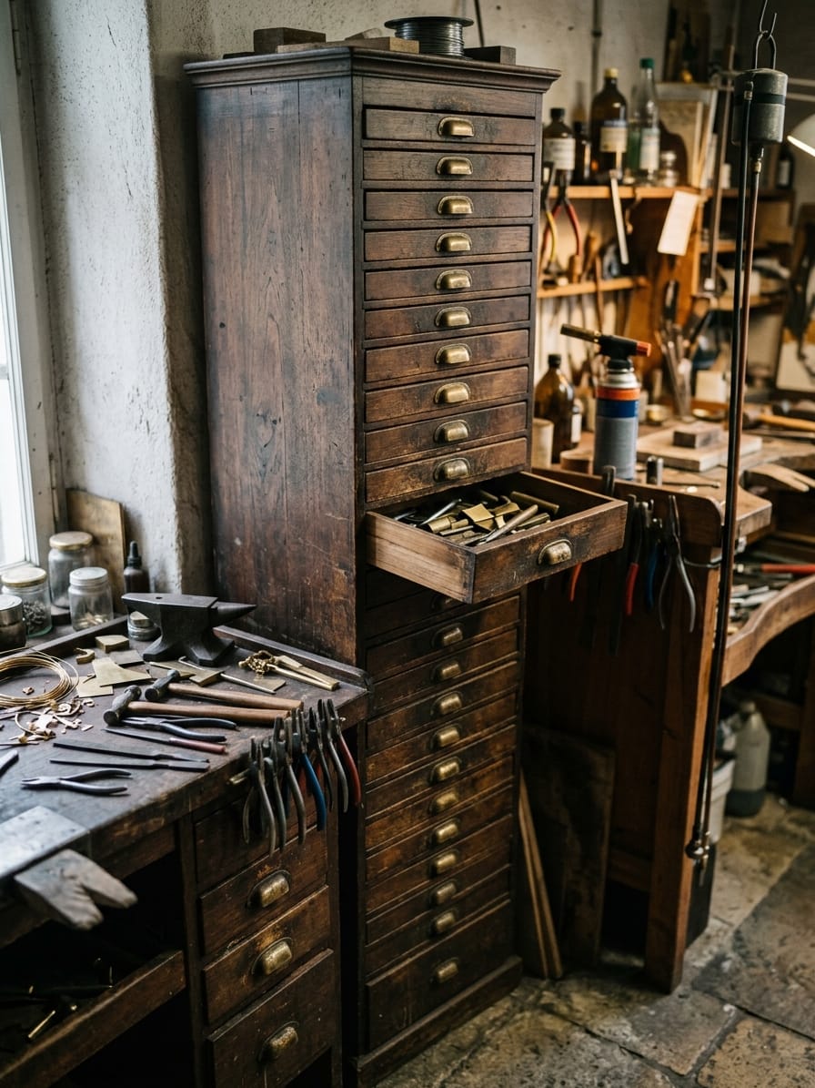 Schmaler Werkstattschrank aus dunklem Holz mit vielen flachen Schubladen und kleinen Messinggriffen, eine Schublade halb offen.