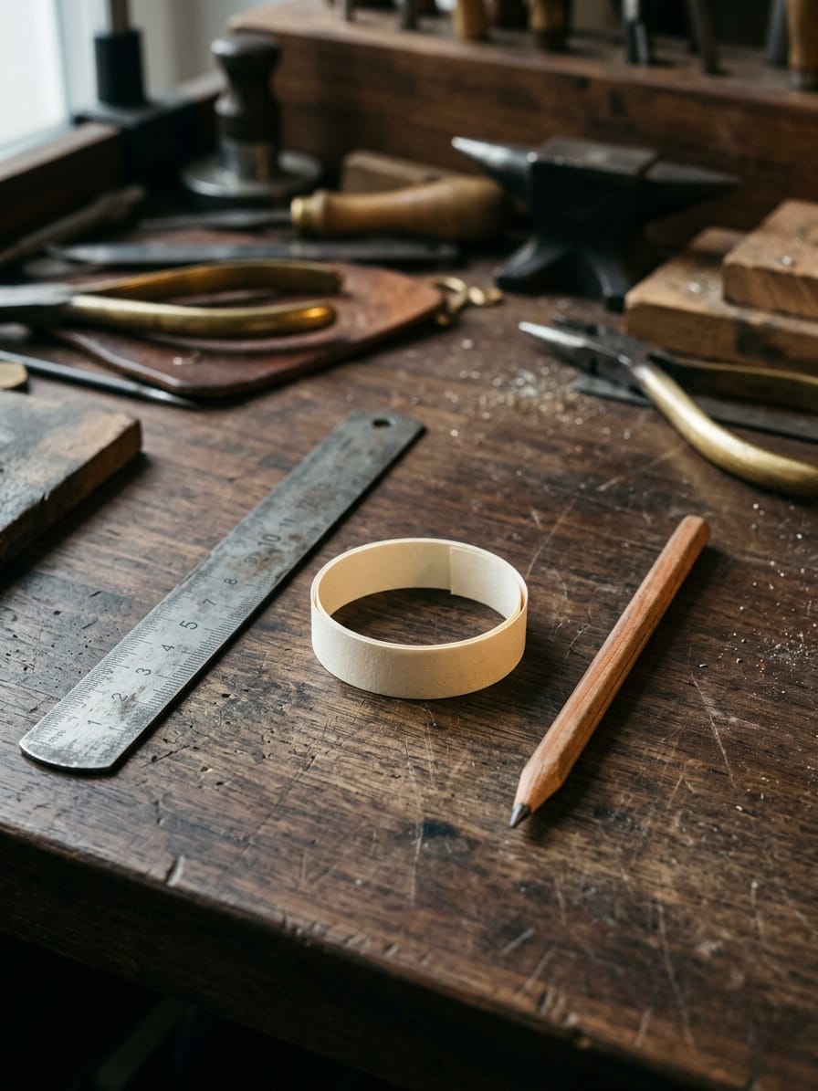 Schmaler Streifen festes Papier zu einem Ring geschlossen, flach neben einem Stahllineal und einem gespitzten Bleistift.