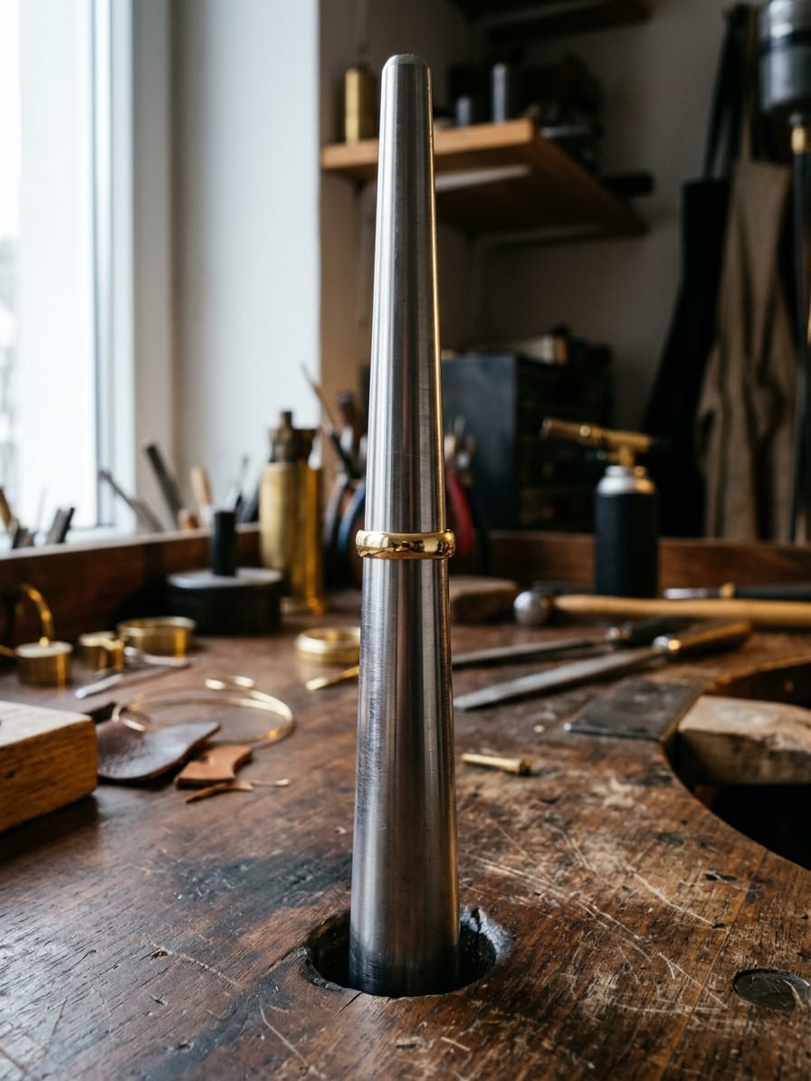 Konischer Stahl-Ringstock steht aufrecht in der Werkbank, ein Goldring ist bis zum Anschlag aufgeschoben