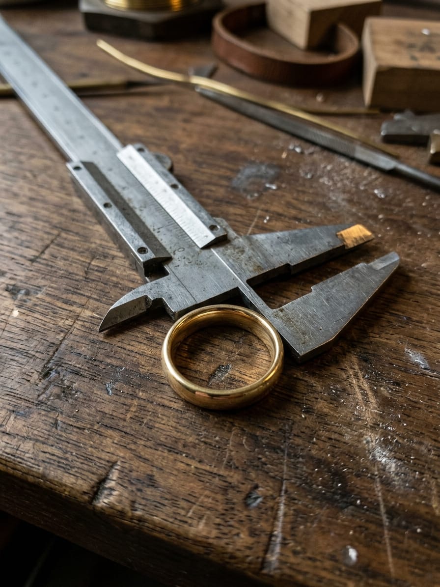 Messschieber aus Stahl, dessen Schenkel den Innendurchmesser eines Goldrings abgreifen