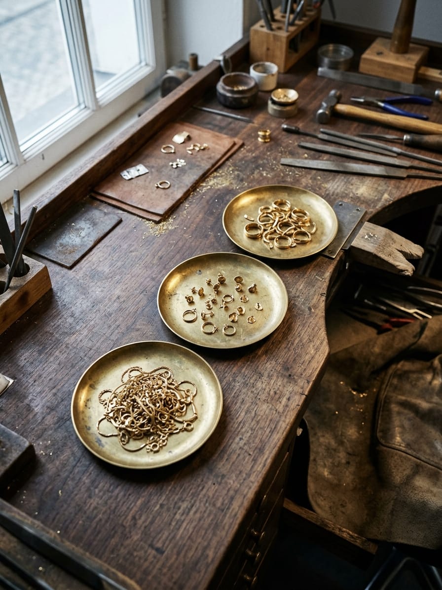 Drei flache Schalen nebeneinander, in jeder ein getrenntes Häufchen Bruchgold in unterschiedlichem Farbton