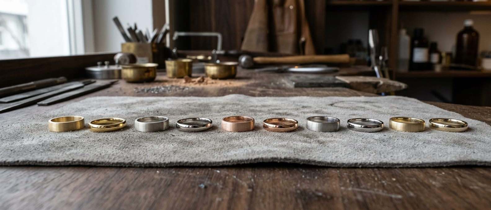 Reihe von Ringrohlingen und fertigen Bändern nebeneinander auf grauem Wildleder in Gelbgold, Weißgold, Rotgold und Platin