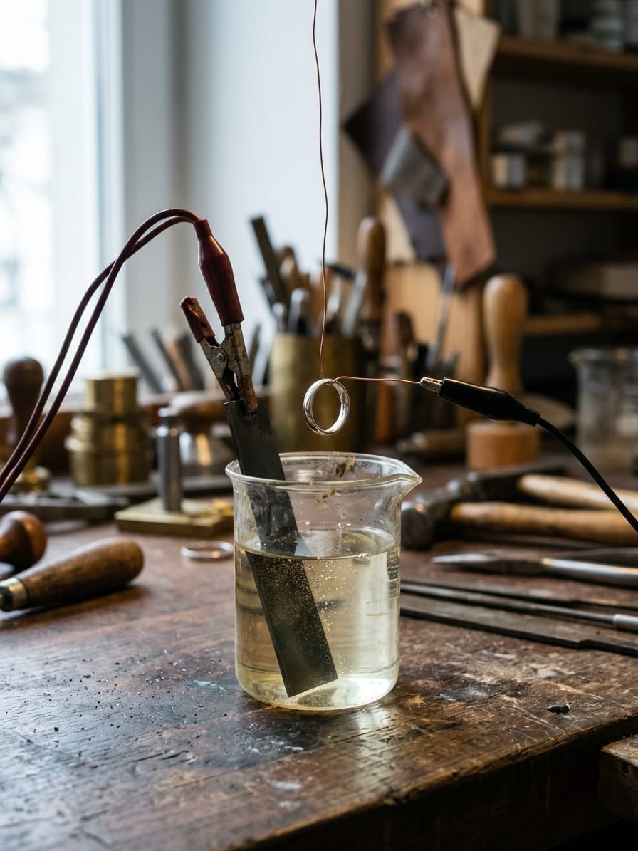 Weißgoldring hängt an einem dünnen Draht über einem Glasbecher mit klarer Elektrolytlösung, darin eine dunkle Elektrodenplatte
